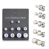 5 Pairs Of Mixed Size Prong Set CZ Stainless Steel Stud Earrings Pack