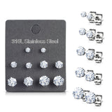5 Pairs Of Mixed Size Prong Set CZ Stainless Steel Stud Earrings Pack