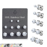 5 Pairs Of Mixed Size Prong Set CZ Stainless Steel Stud Earrings Pack