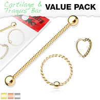 3 Pc Value Pack Twisted Rope Industrial Barbell Ear Cartilage Daith Helix Barbell Studs