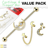 3 Pc Value Pack Star Moon  CZ Industrial Barbell Ear Cartilage Tragus  Helix Barbell Studs