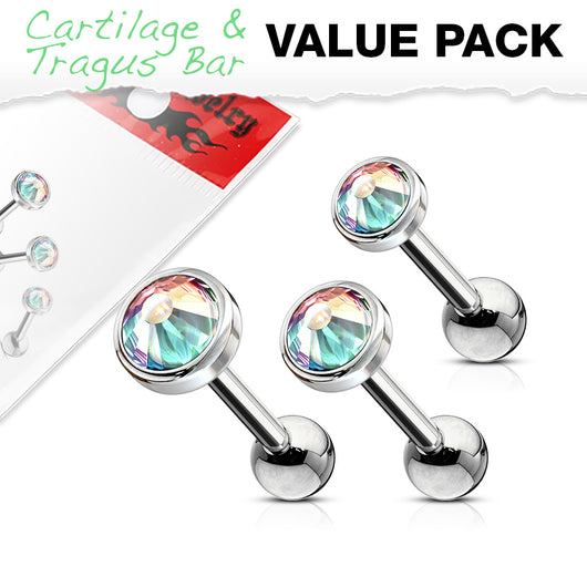 3 Pcs 3mm 4mm 5mm Aurora Borealis CZ Cartilage Triple Helix Tragus Barbell Studs