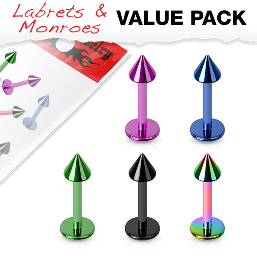 Value Pack 5 Pcs Titanium IP Spike Lip Labret Monroe Studs