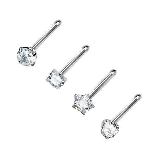 Pack Of 4 Pcs Assorted Prong Set CZ Shape Nose Stud Rings