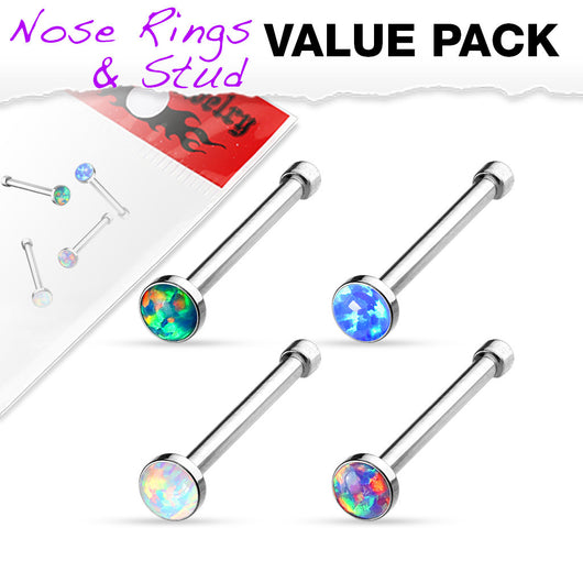Value Pack 4 pcs Synthetic Opal Surgical Steel Nose Stud Rings