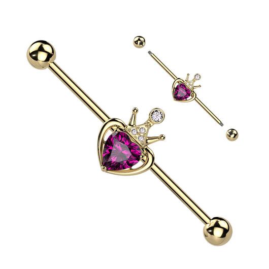 Yellow Gold With Crown & Pink Gem Heart Industrial Barbell