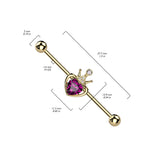 Yellow Gold With Crown & Pink Gem Heart Industrial Barbell