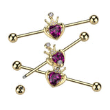 Yellow Gold With Crown & Pink Gem Heart Industrial Barbell