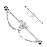 CZ Bee With Double Chain Dangle Industrial Barbell 14G
