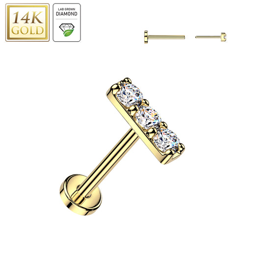 14K Solid Gold Threadless Push In Prong 3 Lab Grown Diamonds Stud Labret Tragus