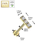14K Solid Gold Threadless Push In Prong 3 Lab Grown Diamonds Stud Labret Tragus