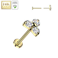 14K Solid Gold Threadless Push In Trinity Lab Grown Diamonds Stud Labret Tragus