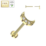 14K Solid Gold Threadless Push In Crescent Moon Lab Grown Diamonds Stud Labret Tragus