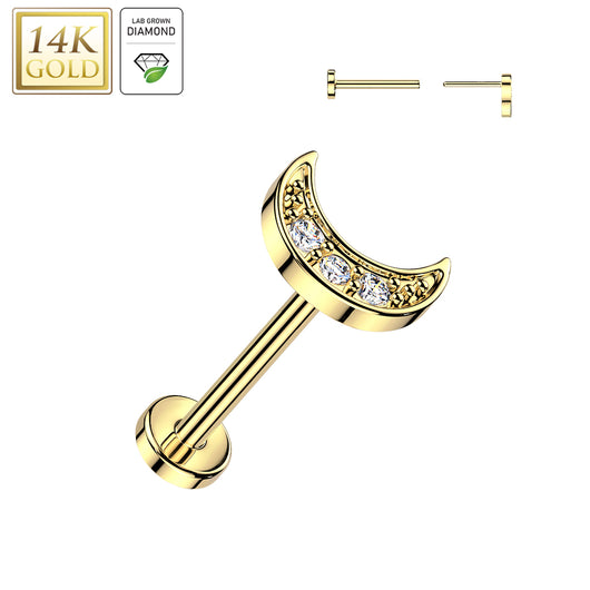 14K Solid Gold Threadless Push In Crescent Moon Lab Grown Diamonds Stud Labret Tragus