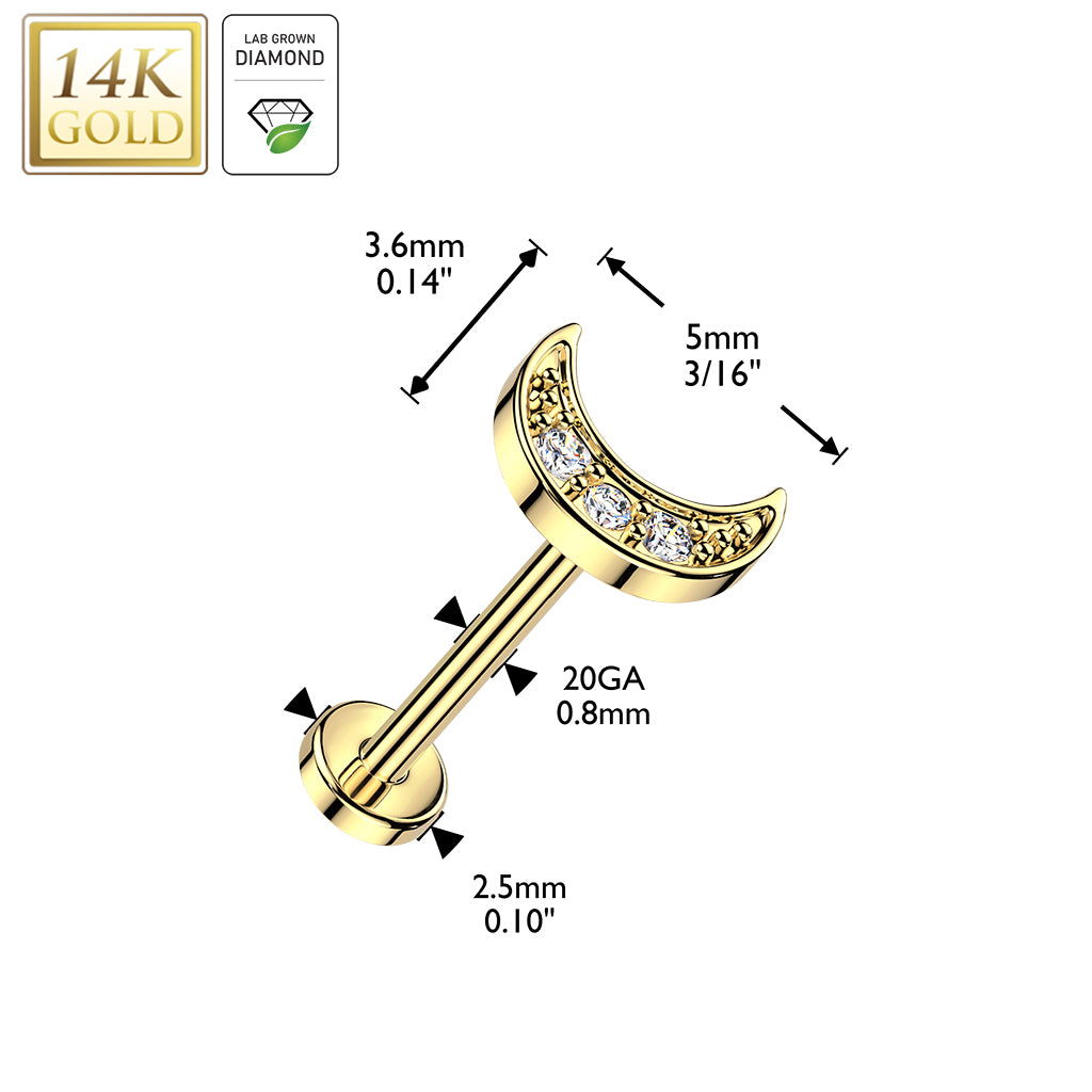 14K Solid Gold Threadless Push In Crescent Moon Lab Grown Diamonds Stu ...