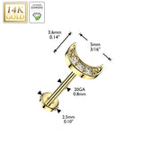 14K Solid Gold Threadless Push In Crescent Moon Lab Grown Diamonds Stud Labret Tragus