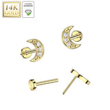 14K Solid Gold Threadless Push In Crescent Moon Lab Grown Diamonds Stud Labret Tragus