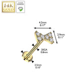 14K Solid Gold Threadless Push In Bowtie Lab Grown Diamonds Stud Labret Tragus