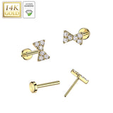 14K Solid Gold Threadless Push In Bowtie Lab Grown Diamonds Stud Labret Tragus