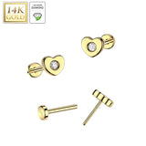 14K Solid Gold Threadless Push In Heart Lab Grown Diamonds Stud Labret Tragus