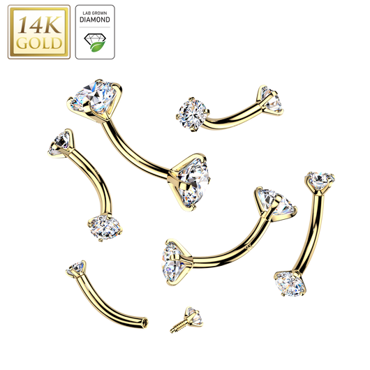 14K Solid Gold Curved Barbell Eyebrow Lab Grown Diamond End