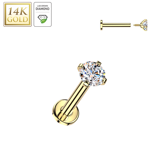 14K  Gold Internal Threaded Prong Set Lab Diamonds Stud Labret Tragus