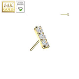 14K Solid Gold Threadless Bar Top 3 Lab Grown Diamond Top For Belly Lip Tragus