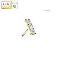 14K Solid Gold Threadless Bar Top 3 Lab Grown Diamond Top For Belly Lip Tragus