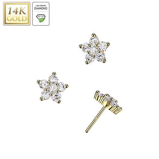 14K Solid Gold Threadless Flower Top 6 Lab Grown Diamond Top For Belly Lip Tragus