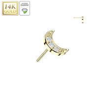 14K Solid Gold Threadless Crescent Moon 3 Lab Grown Diamond Top For Belly Lip Tragus