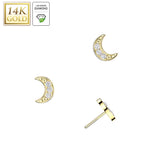14K Solid Gold Threadless Crescent Moon 3 Lab Grown Diamond Top For Belly Lip Tragus