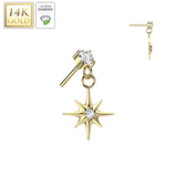 14K Gold Threadless Starburst Dangle Lab Grown Diamond For Belly Lip Tragus