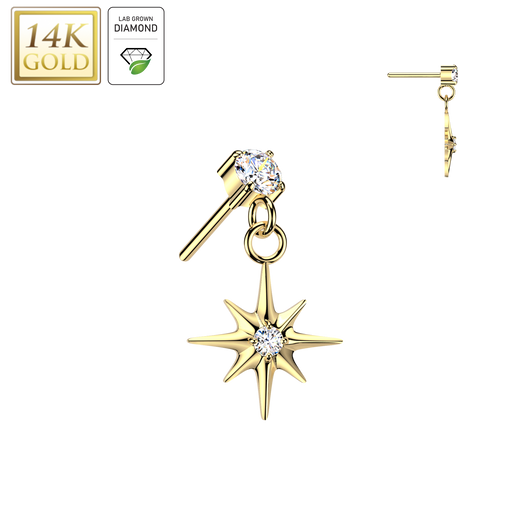 14K Gold Threadless Starburst Dangle Lab Grown Diamond For Belly Lip Tragus