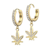 Pair CZ Paved Pot Leaf Dangle Hoop Earrings