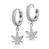 Pair CZ Paved Pot Leaf Dangle Hoop Earrings