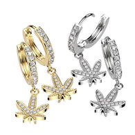 Pair CZ Paved Pot Leaf Dangle Hoop Earrings