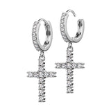 Pair CZ Paved Cross Dangle Hoop Earrings