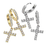 Pair CZ Paved Cross Dangle Hoop Earrings