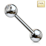 14K Solid Gold Clear CZ Ball Top Tongue Ring Barbells 14G