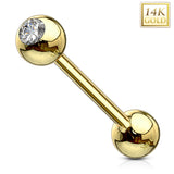 14K Solid Gold Clear CZ Ball Top Tongue Ring Barbells 14G