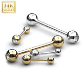 14K Solid Gold Clear CZ Ball Top Tongue Ring Barbells 14G