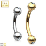 14K Solid Gold CZ Curve Barbell Eyebrow Ring
