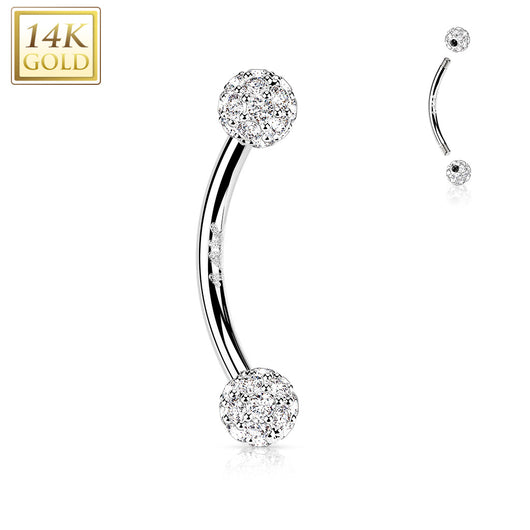 14K Solid Gold CZ Balls Curve Barbell Eyebrow Ring