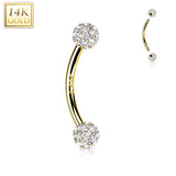 14K Solid Gold CZ Balls Curve Barbell Eyebrow Ring