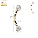 14K Solid Gold CZ Balls Curve Barbell Eyebrow Ring