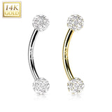 14K Solid Gold CZ Balls Curve Barbell Eyebrow Ring