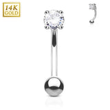 14K Solid Gold Round CZ Curve Barbell Eyebrow Ring