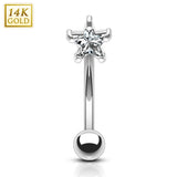 14K Solid Gold Star Prong Set CZ Curve Barbell Eyebrow Ring