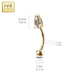 14K Solid Gold Tear Drop Prong Set CZ Curve Barbell Eyebrow Ring
