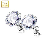 14K Solid Gold Ear Studs with Round Prong Set CZ Pair